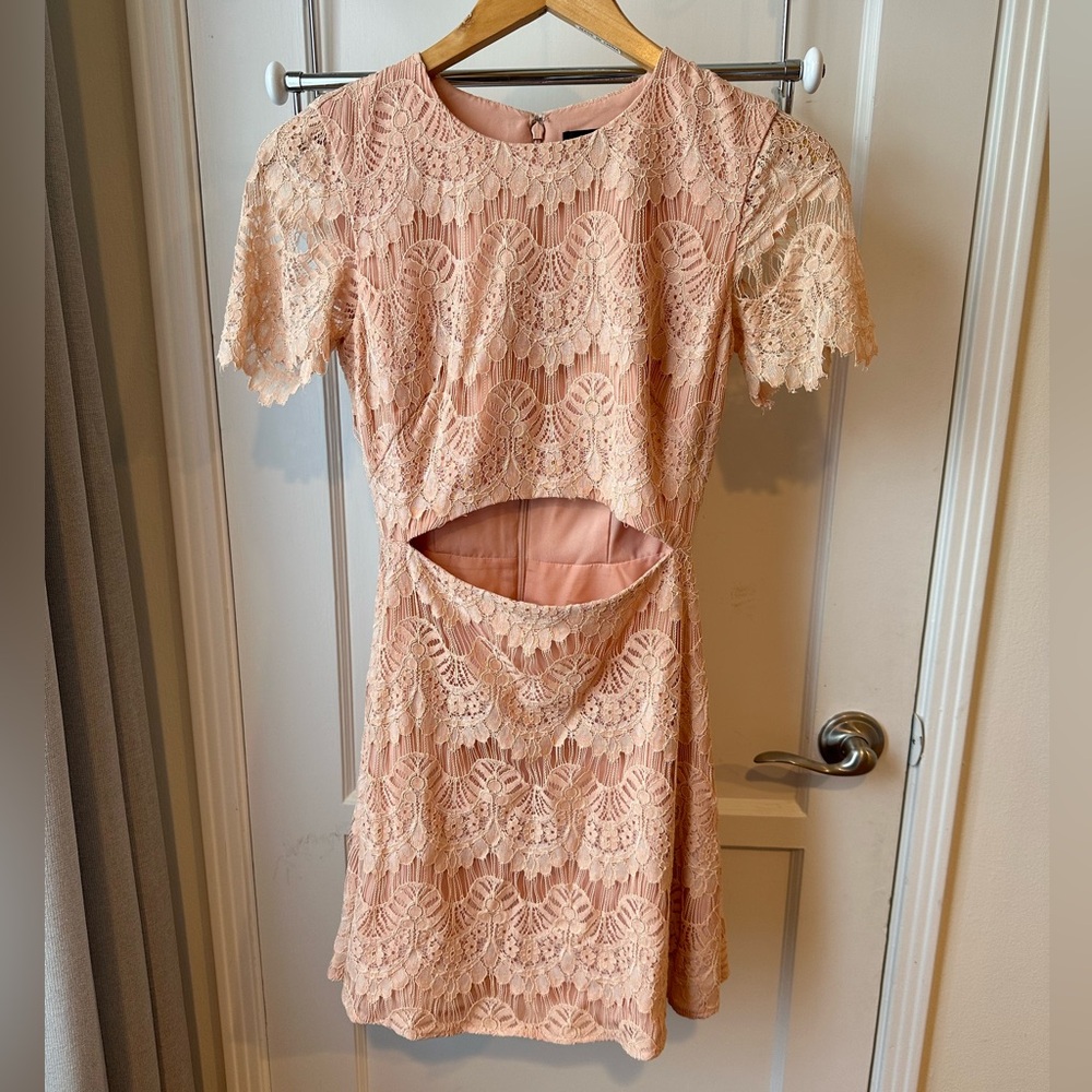 Boutique Eyelash Lace Cutout Dress in Peach Blush Pink, Size S